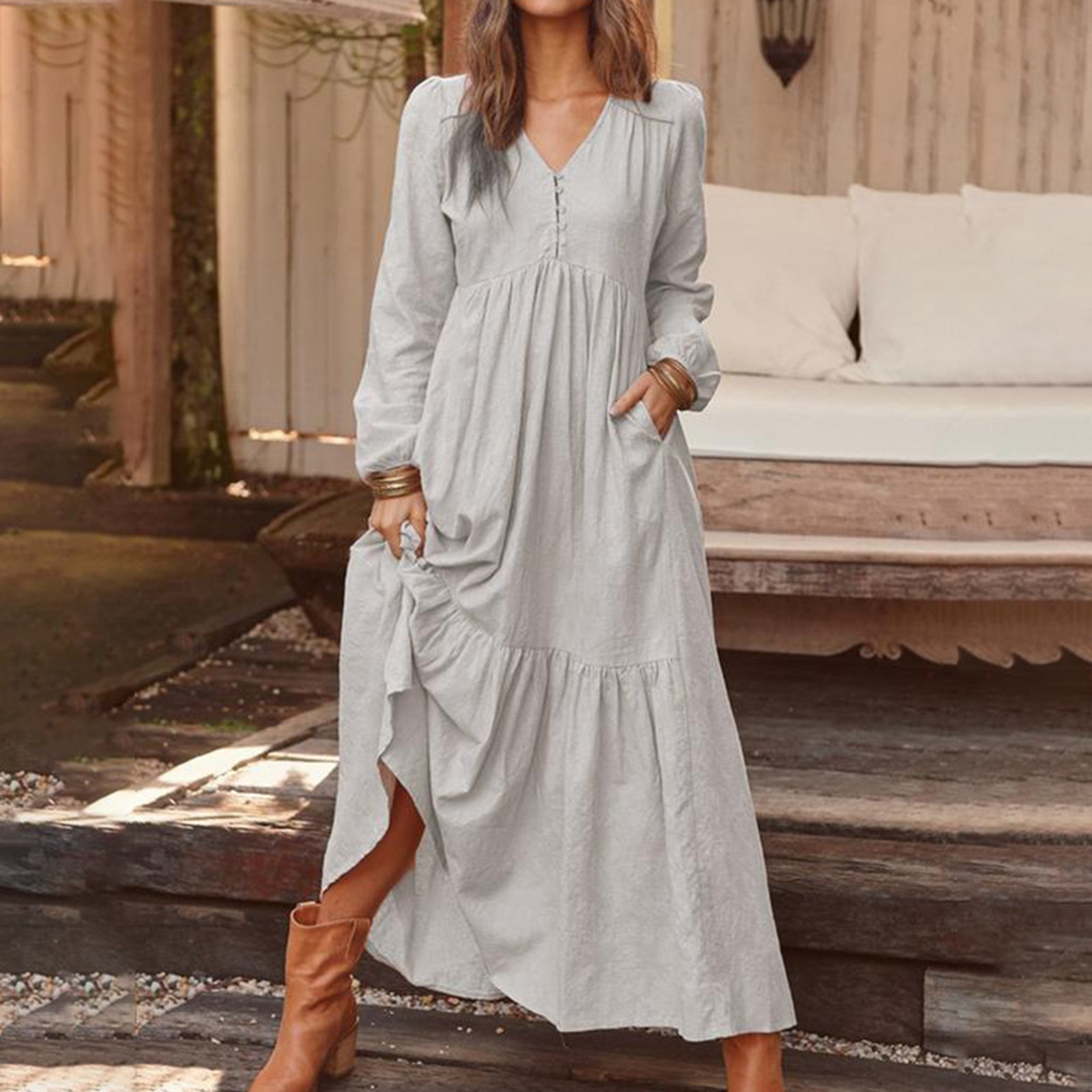 thumbnail image 2 of Vestido largo vintage de manga larga de lino para mujer - Vestido informal con falda acampanada y botones en la parte delantera, 2 of 4